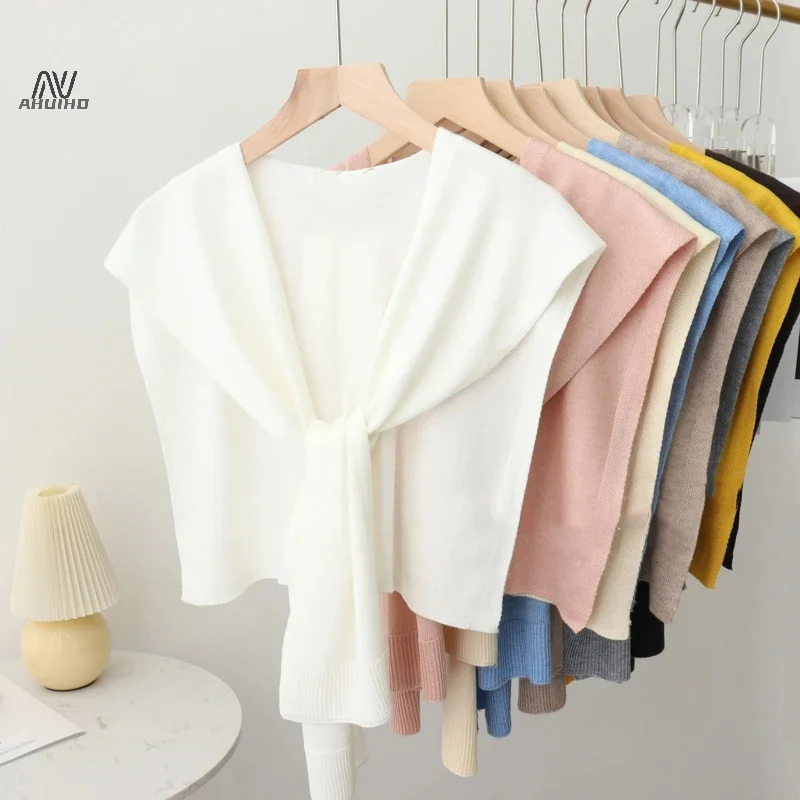 Korean Knitted Shawl Summer Air Conditioning Fake Collar Neck Guard Knit Thin Knotted Cape Shoulder Scarf For Women