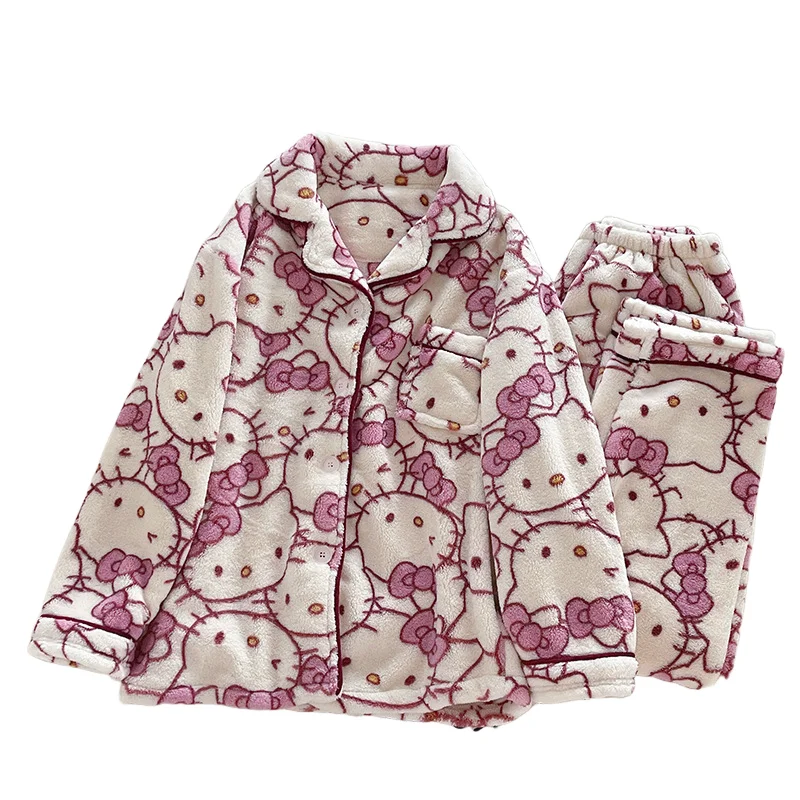 Sanrio Female Coral Fleece Go Out Thickening Long Sleeves Leisure Wear Kawaii Hello Kitty Comic Student Keep Warm Pajamas Kit