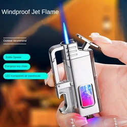 Metal Multi functional Keychain Windproof Jet Blue Flame Gas Lighter Outdoor Bottle Opener LED Transparent Window Cigar Lighters