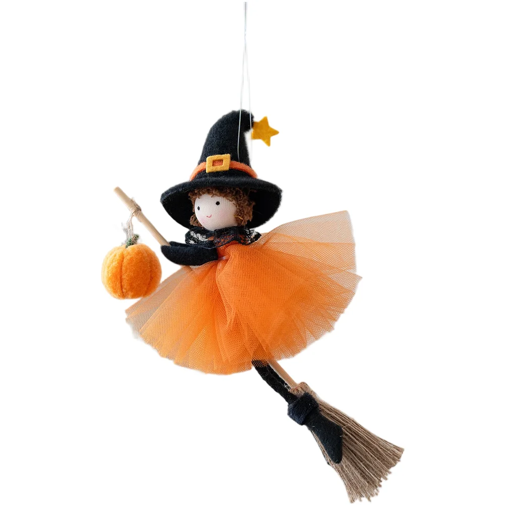 

Silk Cloth Halloween Hanging Ornament Featuring Pumpkin Girl Doll and Broomstick Girl Angel for Festive Ambiance
