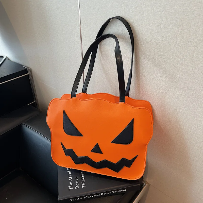 Halloween Cosplay Accessories Woman Super Hot Pumpkin Bag Fun Ghost Shoulder Bag Large Capacity Tote Bag Black and Orange