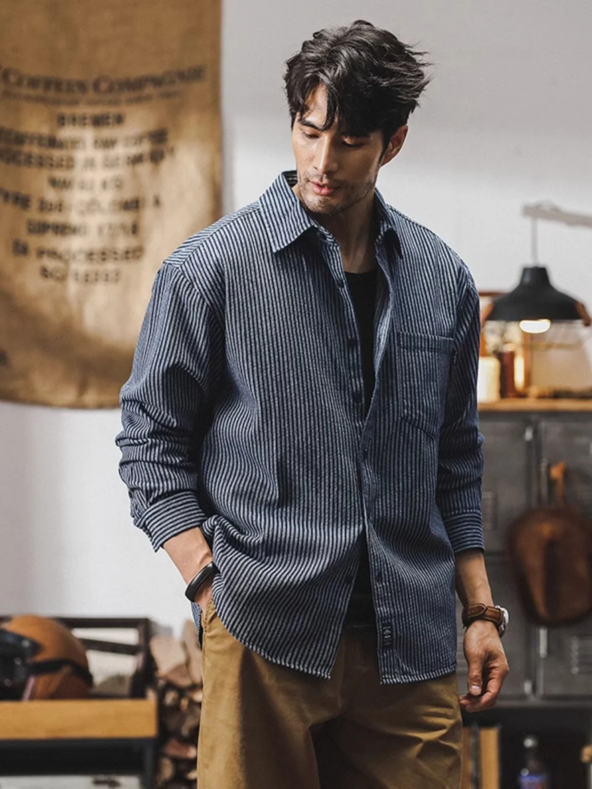 

Мужская рубашка-куртка свободного кроя с длинным рукавом, классическая, в полоску, повседневная, дышащая, удобная, из хлопка, молодежная, модная, осенняя одежда