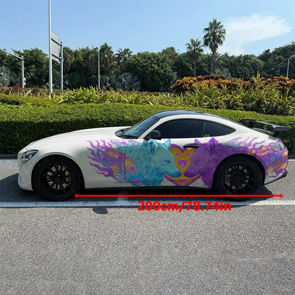 2pcs Twin Wolves Heart Love Flame, Durable, Fade-resistant, Enhance Vehicle Aesthetics With Bold Artistic Design Car Vinyl Wraps