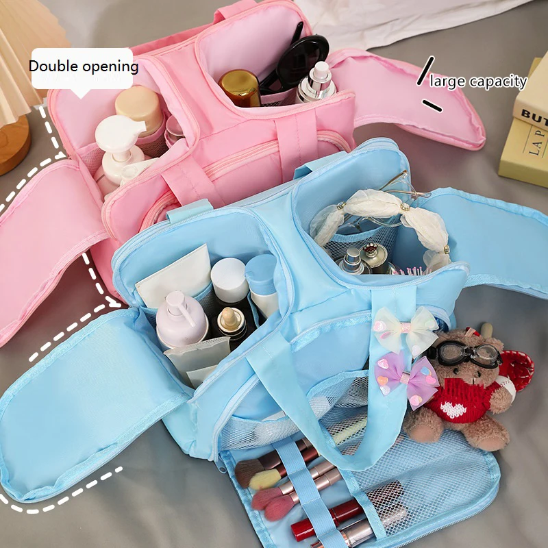 Large Capacity Double Opening Makeup Bag Women'S Travel Miscellaneous Storage Bag Handheld Organizer Cosmetic Pouch Wash Bag