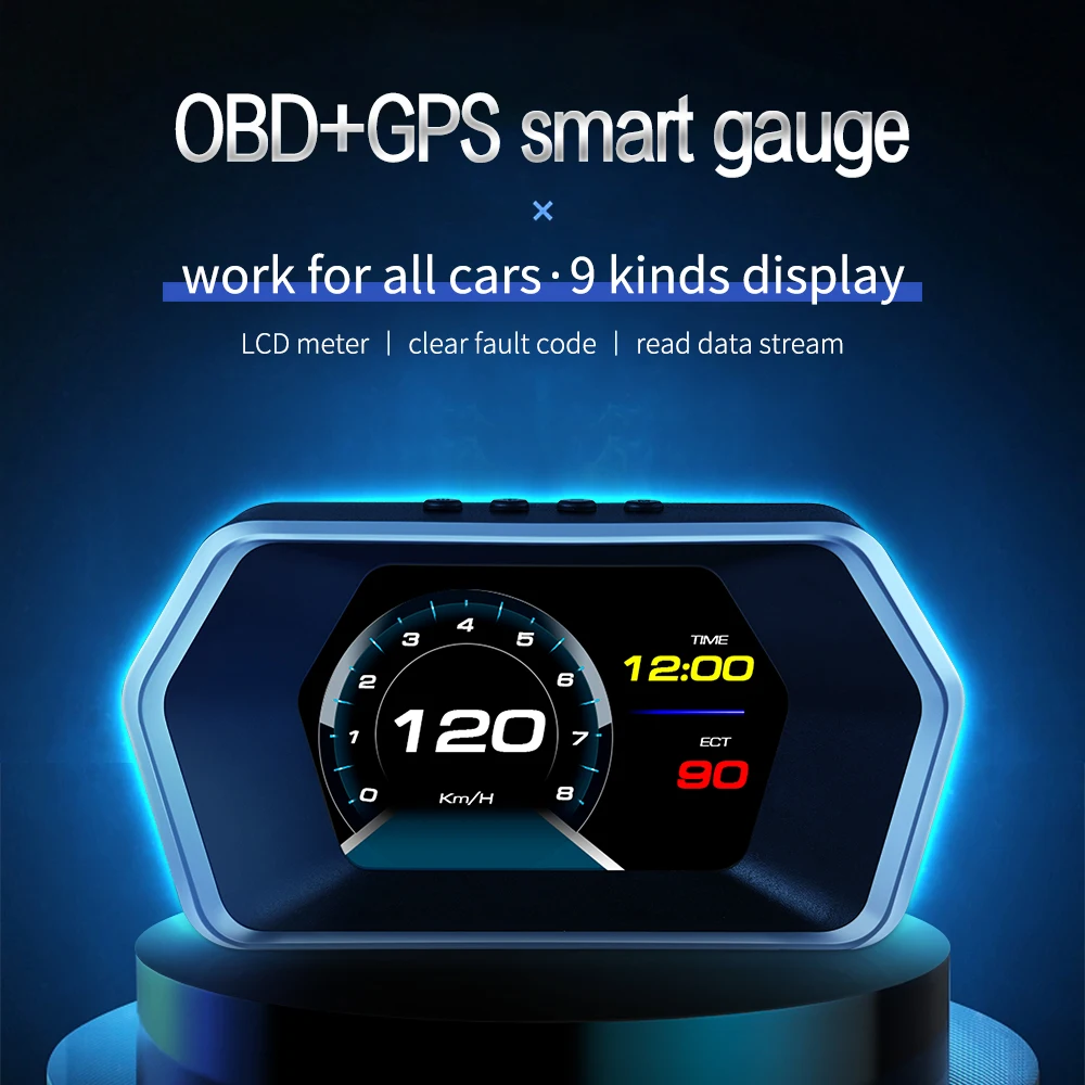 P17 Car Smart Digital Gauge OBD2 & GPS System Car Meter Speed Alarm Coolant Temp Battery Voltage Monitor