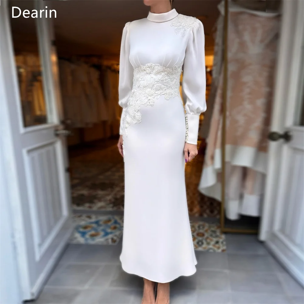 

Customized Women Evening Gown Formal Dearin High Collar A-line Ankle Length Skirts Applique Beading Pearl Bespoke Occasion Dress