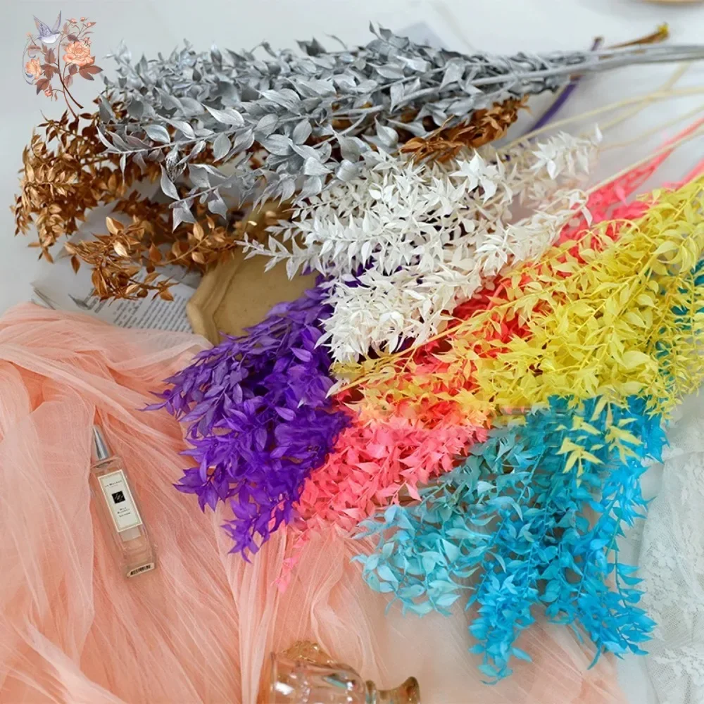 50g Artificial Dried Flower Ruscus Eucalyptus Leaves Bouquet Home Garden Decor Preserved Plants Branch Stems Wedding Arrangement