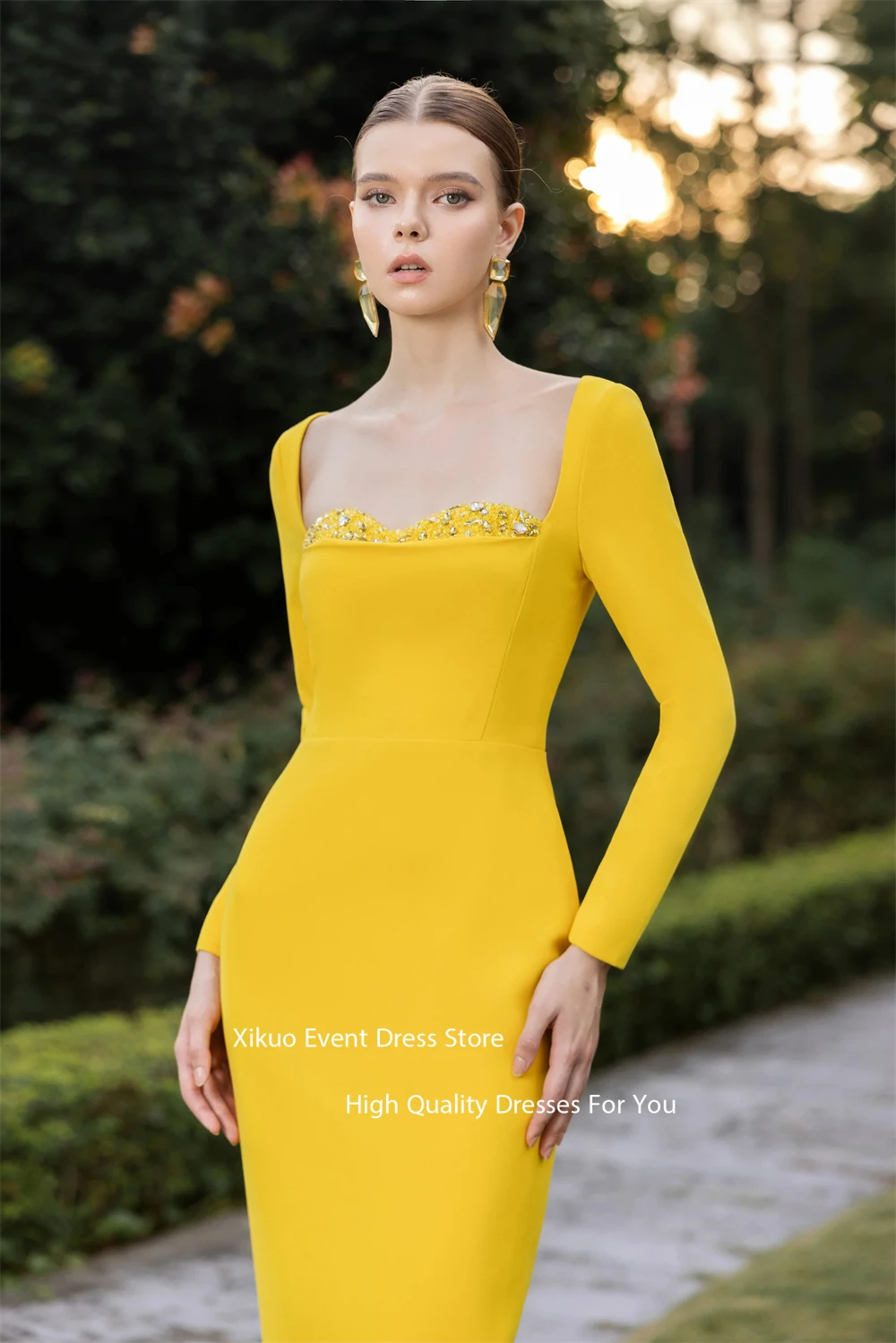 Xikuo فساتين سهرة من الساتان برقبة مربعة وأكمام طويلة رداء كوكتيل نسائي مطرز بالكريستال مناسب للحفلات الراقصة حسب الطلب #3