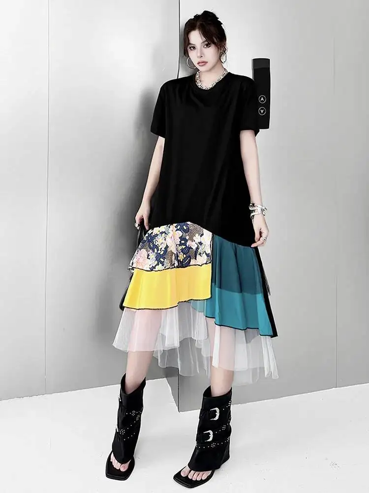 Women Yellow Color-block Irregular Mesh Big Size Dress New Round Neck Short Sleeve Fashion Tide Spring Summer