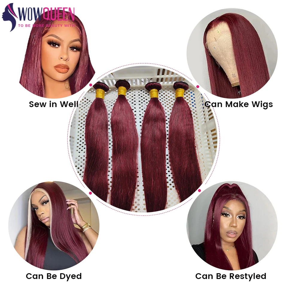 99J Straight Brazilian Human Hair Bundles Burgundy Red Straight Hair Weave Bundles 1/3/4 PCS Remy Bundles Deals Hair Extensions