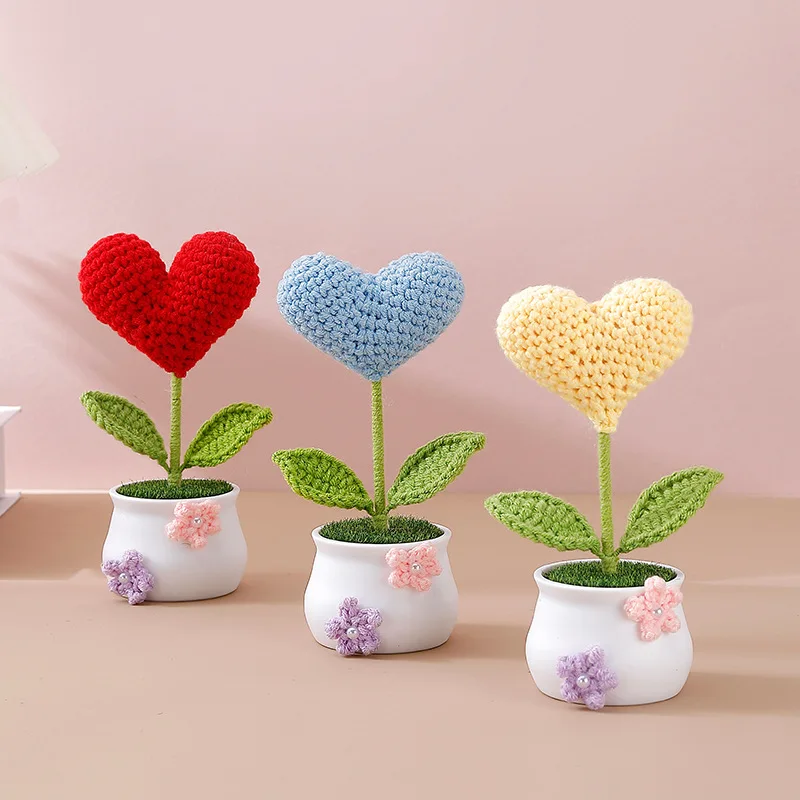اليدوية الكروشيه شكل قلب بوعاء النباتات المحشوة الانتهاء المنسوجة باقة ديكور المنزل سطح المكتب هدايا عيد الميلاد التخرج