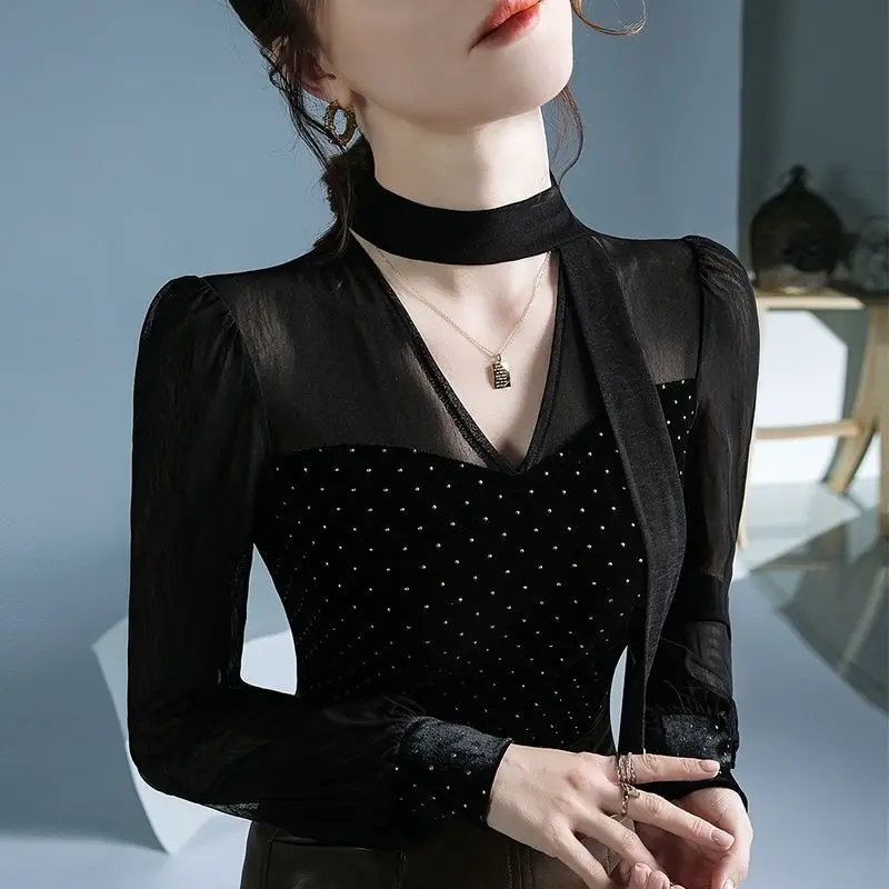 Autumn New Fashion Sexy Patchwork Black V-neck Long Sleeve T-Shirt Ladies Fashionable Polka Dot Perspective Slim Undercoat Tops