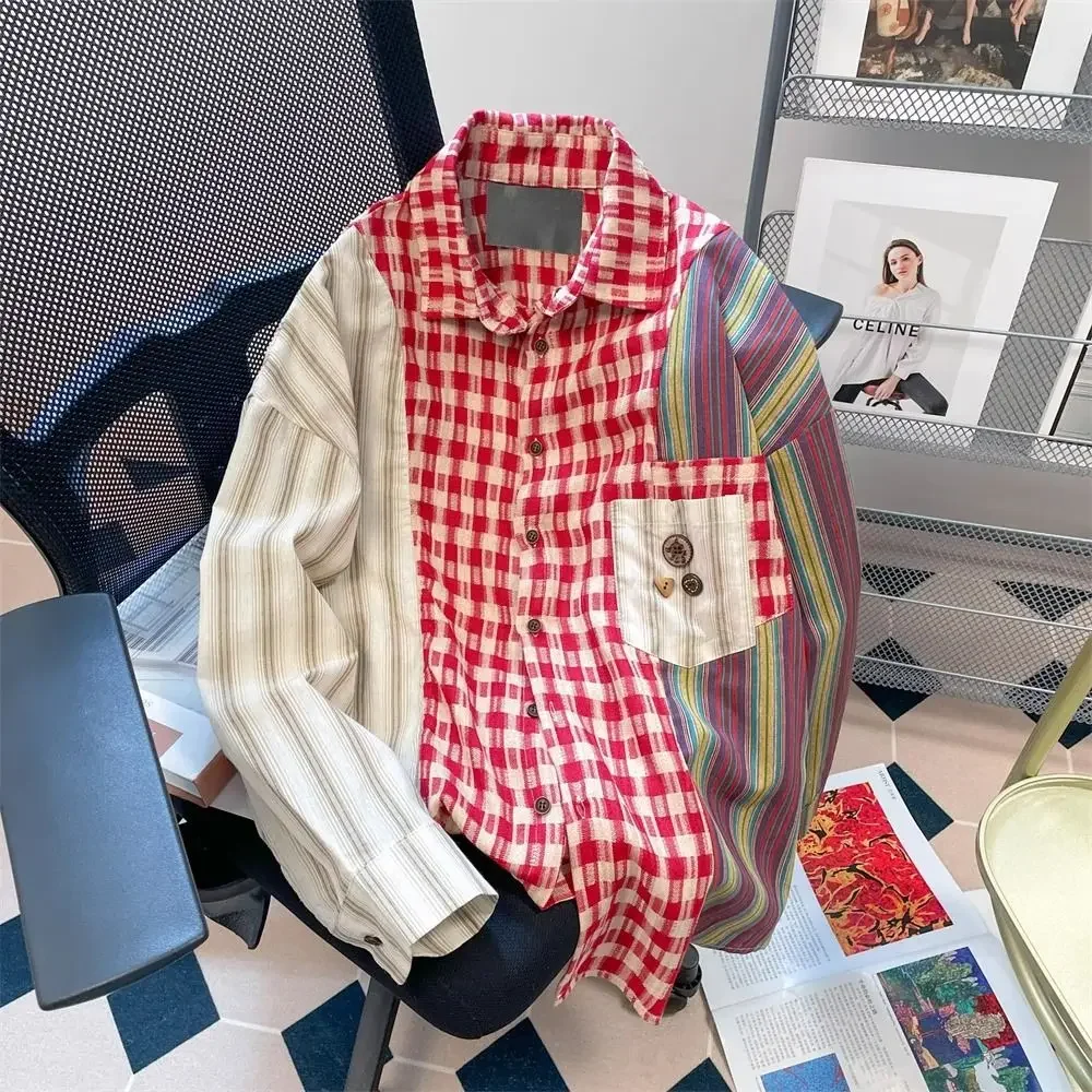 

French retro striped plaid shirt women's early autumn new loose design high sense fashion temperament niche long-sleeved shirt