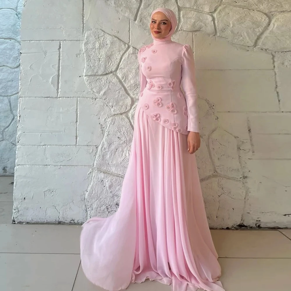 

Розовое вечернее платье на заказ Кувейт с длинными рукавами и высоким воротом, шифоновые вечерние платья, модное платье знаменитости с 3D аппликацией