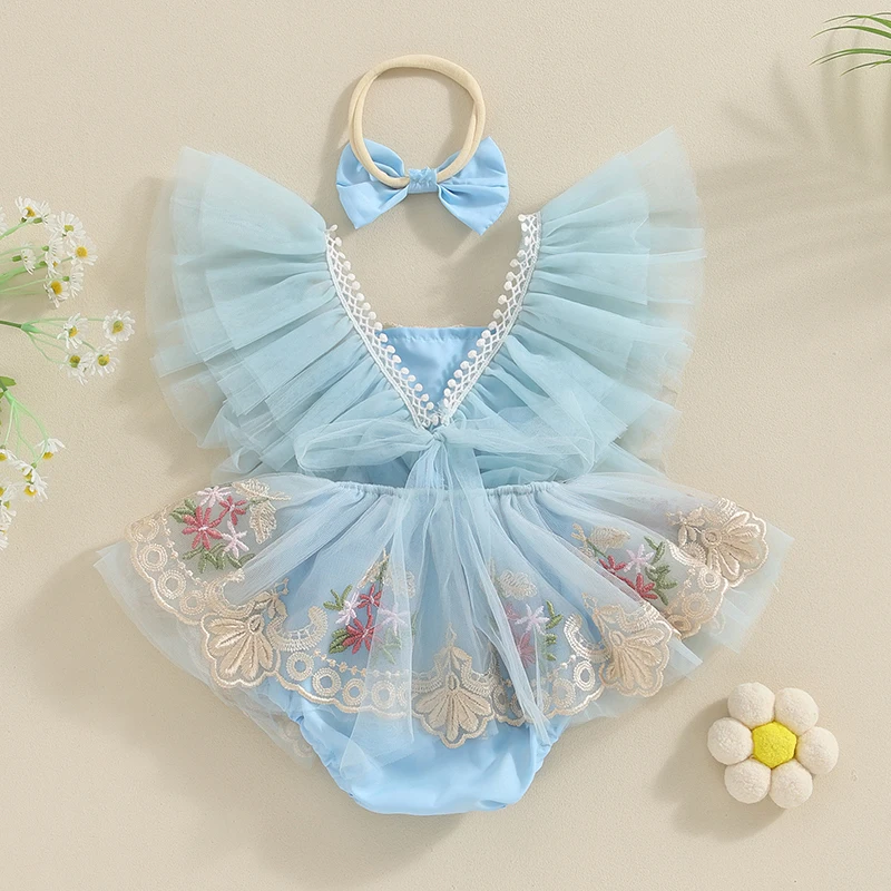 Newborn Girl Outfit Fly Sleeve Embroidery Flower Tulle Patchwork Romper Dress with Bow Hairband Summer Clothes