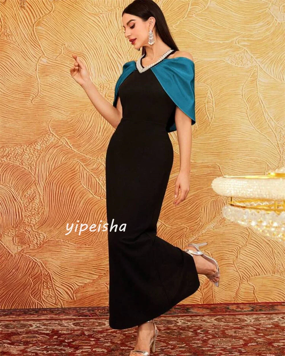 Customized Jersey Rhinestone Cocktail Party A-line Off-the-shoulder Bespoke Occasion Gown Midi Dresses