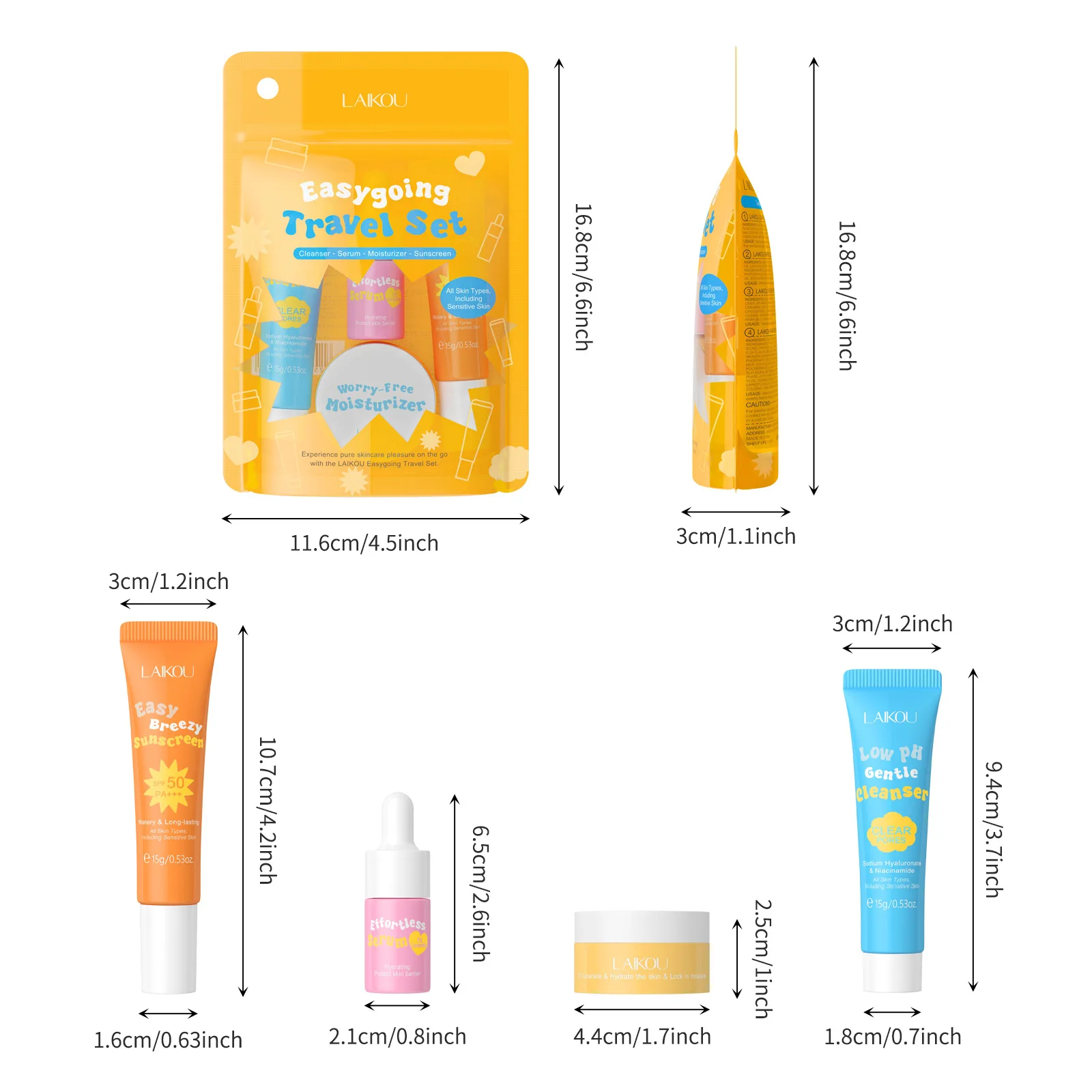 4PCS Laikou Ceramide Travel Suit Low Ph Gentle Cleanser Effortless Hyaluronic Acid Serum Facial Smoothing Cream Spf50+ Sunscreen