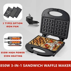 850W Electric Sandwich Maker 3Type Non-Stick Double Heating Mini Pancake Egg Waffle Cake Multifunction Machine Breakfast Toaster