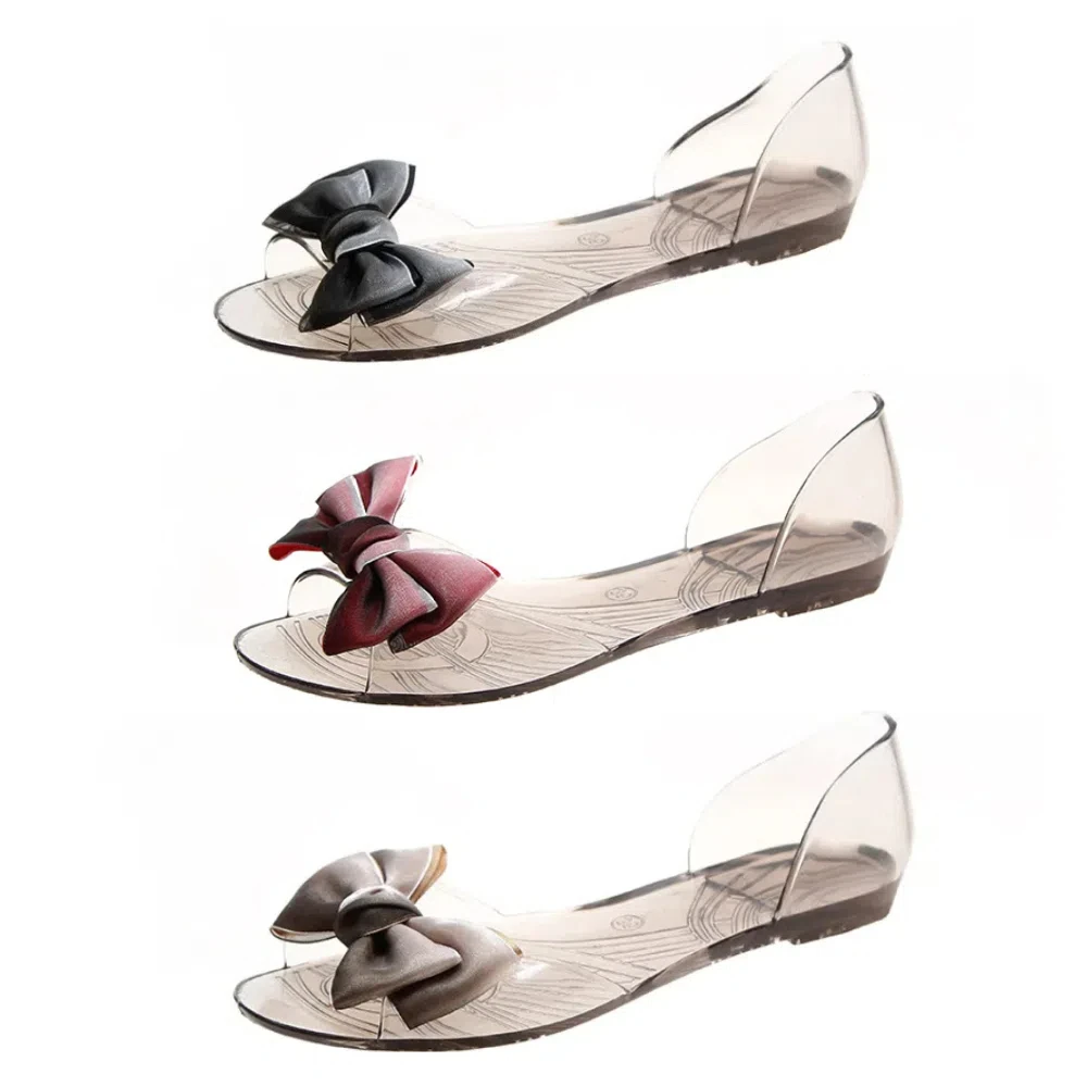Повседневные тапочки, блестящие прозрачные сандалии, прозрачные шлепанцы, сандалии, нескользящие туфли на плоской подошве с бантом, женские летние туфли