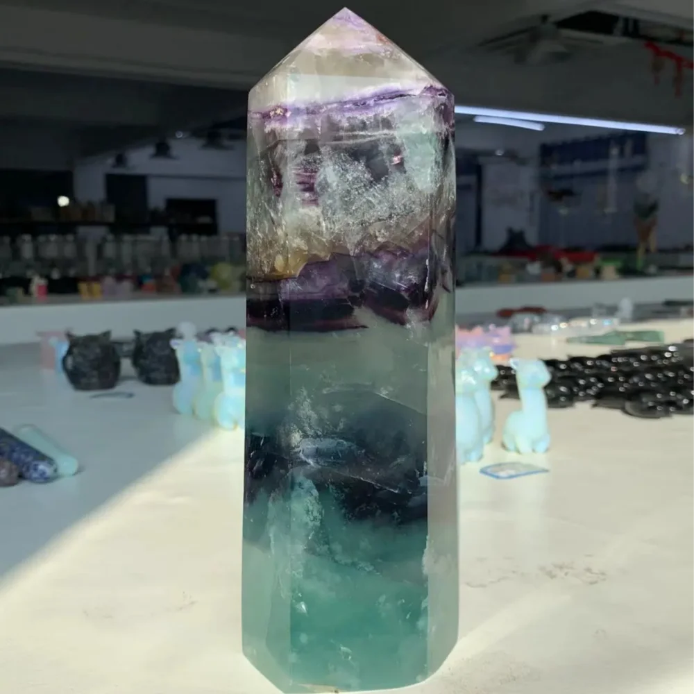 

Magical Natural Seven Colorful Fluorite Column Quartz Crystal Mineral Specimen Healing Home Office Degaussing Decorative Gem