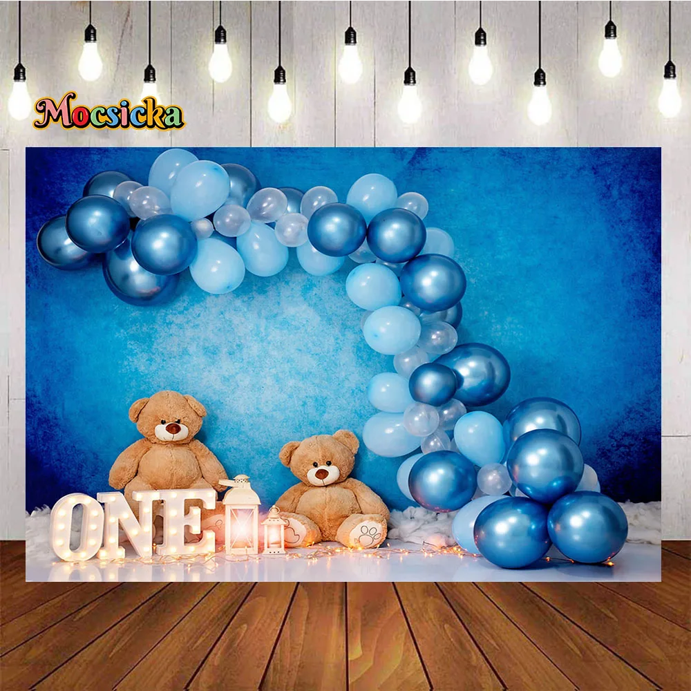 

Cute Bear Baby Show Background for Boy Blue Balloon Wall Glitter Lights Backdrop Decor Newborn One Birthday Cake Smash Photozone