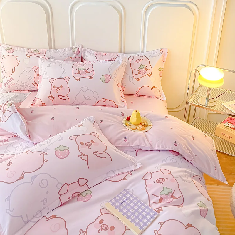 Pink Pig Duvet Cover 4 Pcs Kawaii Farm Animal Bedding Set Lovely Cartoon Pigs Comforter Cover Microfiber Reversible Bedspread