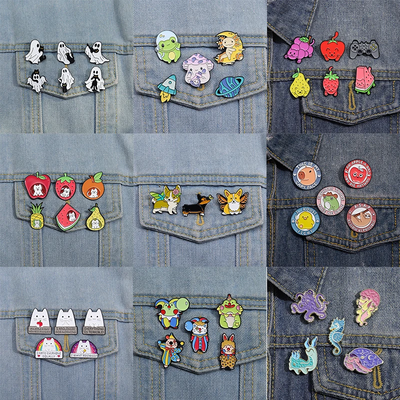 4-6Pcs Set Enamel Pins Custom Animal Brooches Lapel Badges Cartoon Cat Frog Dog Rabbit Jewelry Gift for Kids Friends