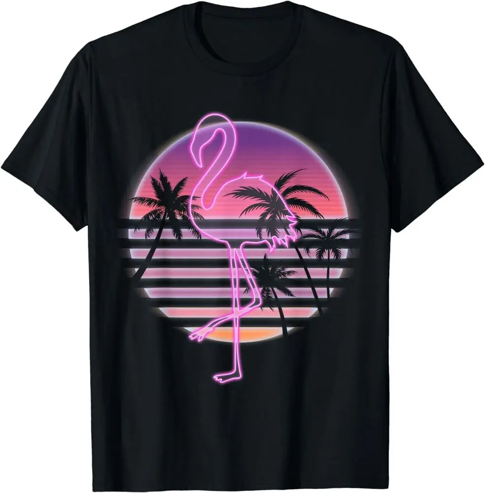 Flamingo On Retro Sunset With Palm Trees - Pink  T-ShirtAnime Pattern Clothing Y2K Summer