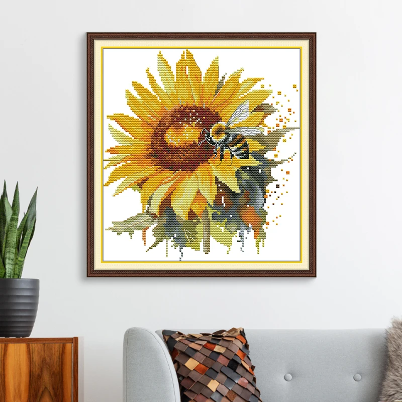 Joy Sunday Cross Stitch Sunflowers and Bees Pattern Aida 14CT 11CT Cloth Handmade Embroidered Complete Set Home Display For Wall