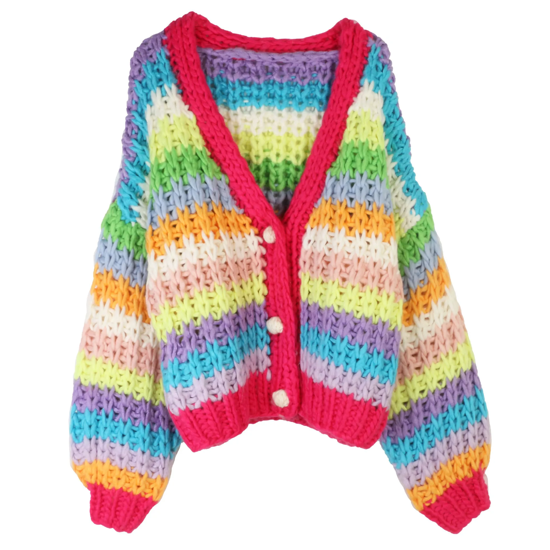 

2025 Autumn And Winter Hand-knitted Sweater V-neck Long-sleeve Women's Sweater Rainbow Striped Bohemian Sweater Knitwear Tops