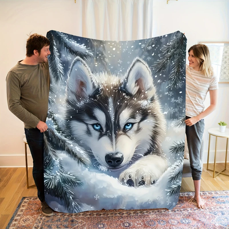 Snowy Forest Blue Eyed Wolf Graphic Throw Blanket,Warm Sofa,Bed Lap Cover,Cabin Space,Anniversary Wilderness Hobby Gifts