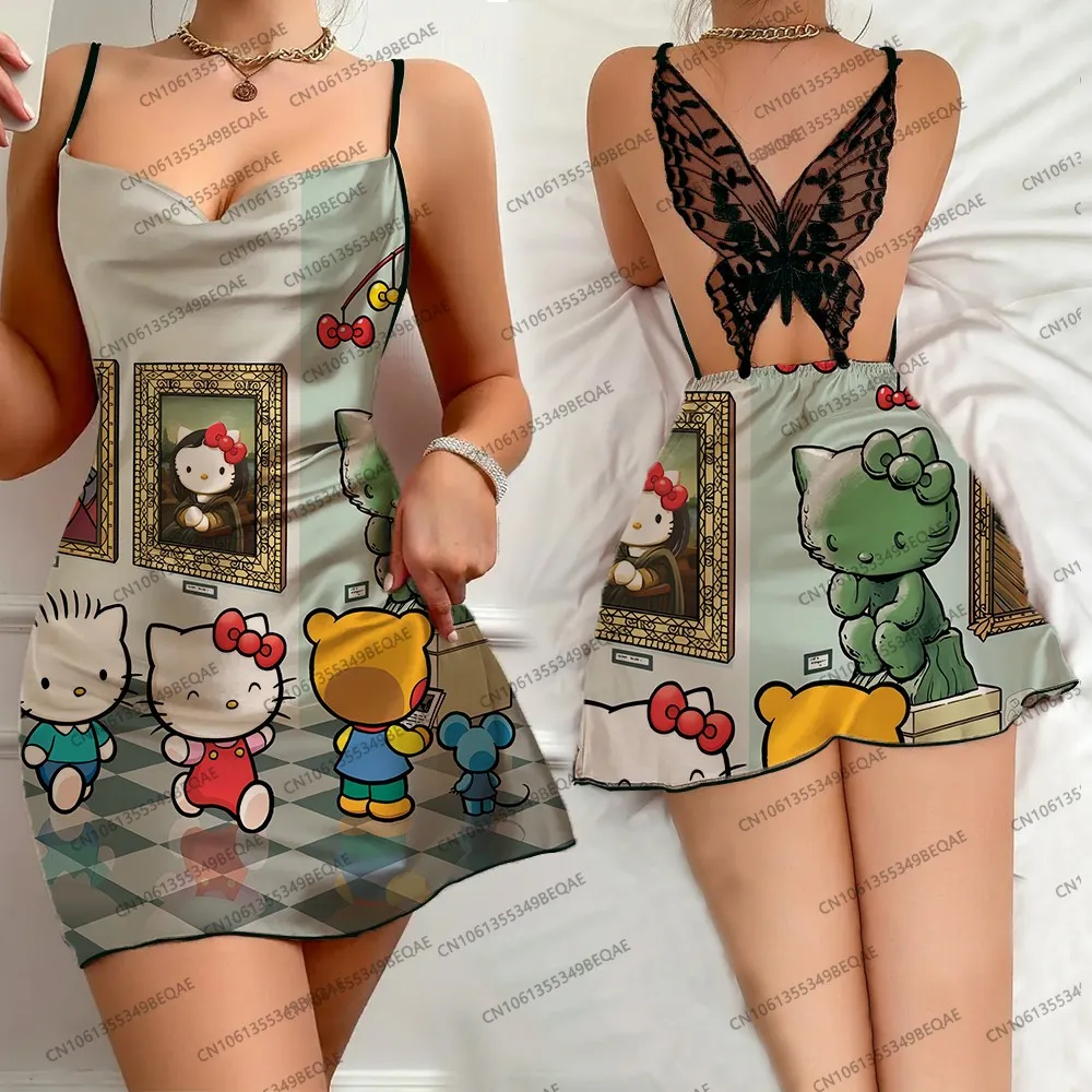 Vestido feminino moderno com suspensório de renda, estampa hello kitty, costas nuas, borda plissada, camisola de verão, confortável, sem mangas, roupa de dormir