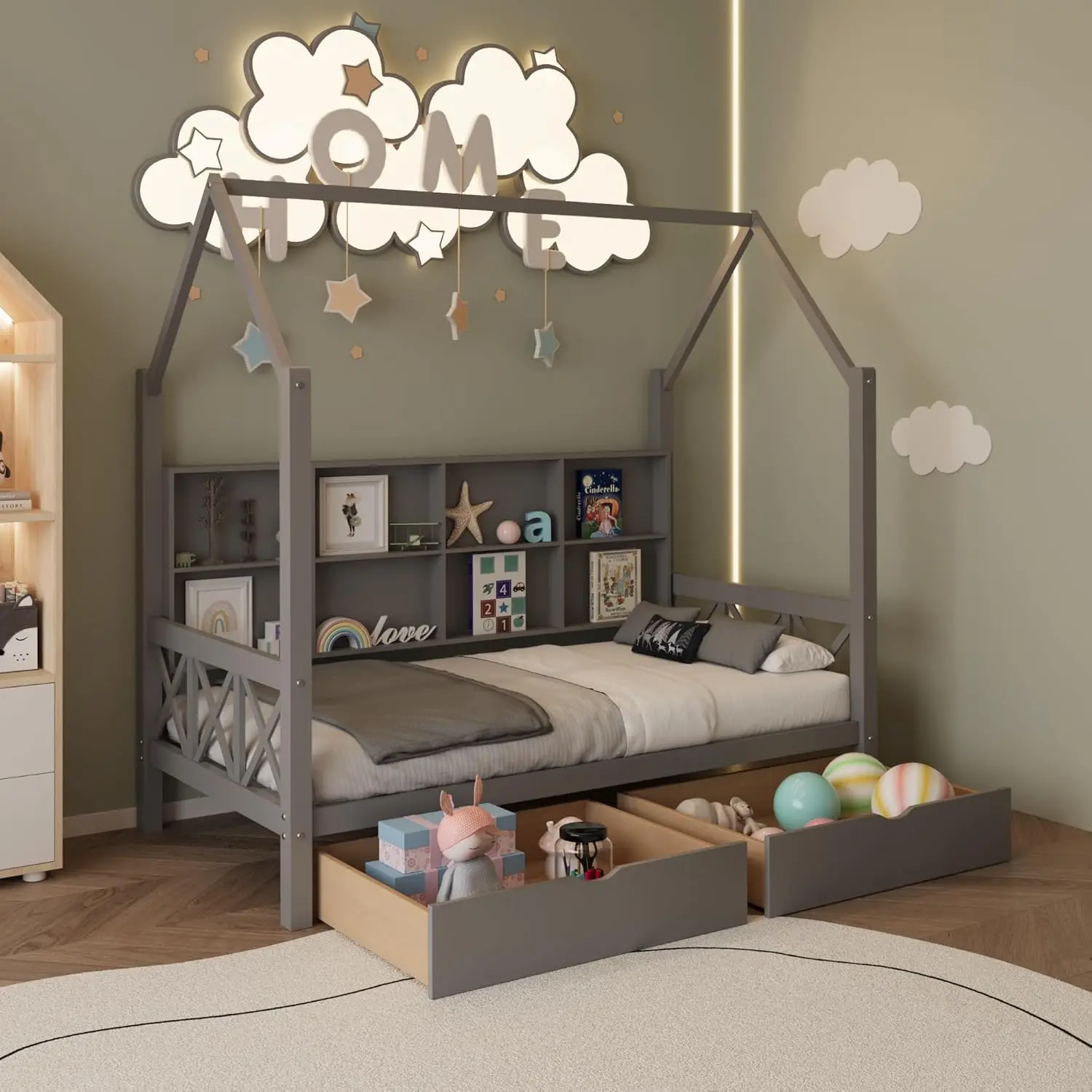 Twin Bed Frame For Kids, House With 2 Drawers, Platform Bed With Headboard And Wood Slats, Montessori House With Fence