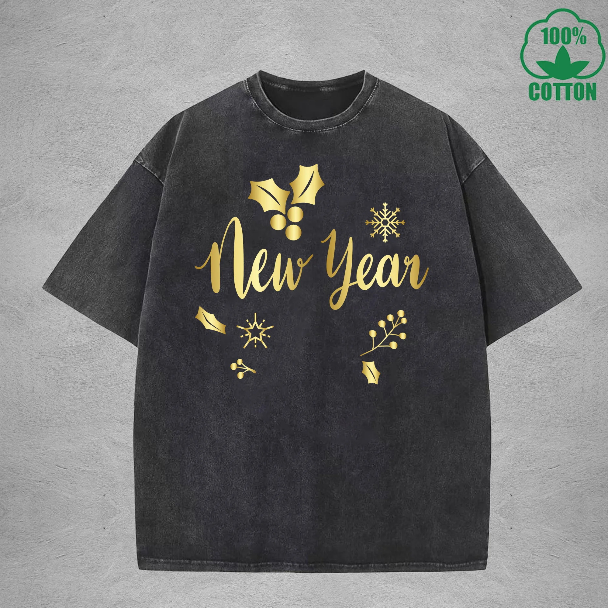 New Year Interest Printed Washed T-Shirt 230G Multicolor Loose Trendy Fashionable 100%Cotton Short Sleeve Top