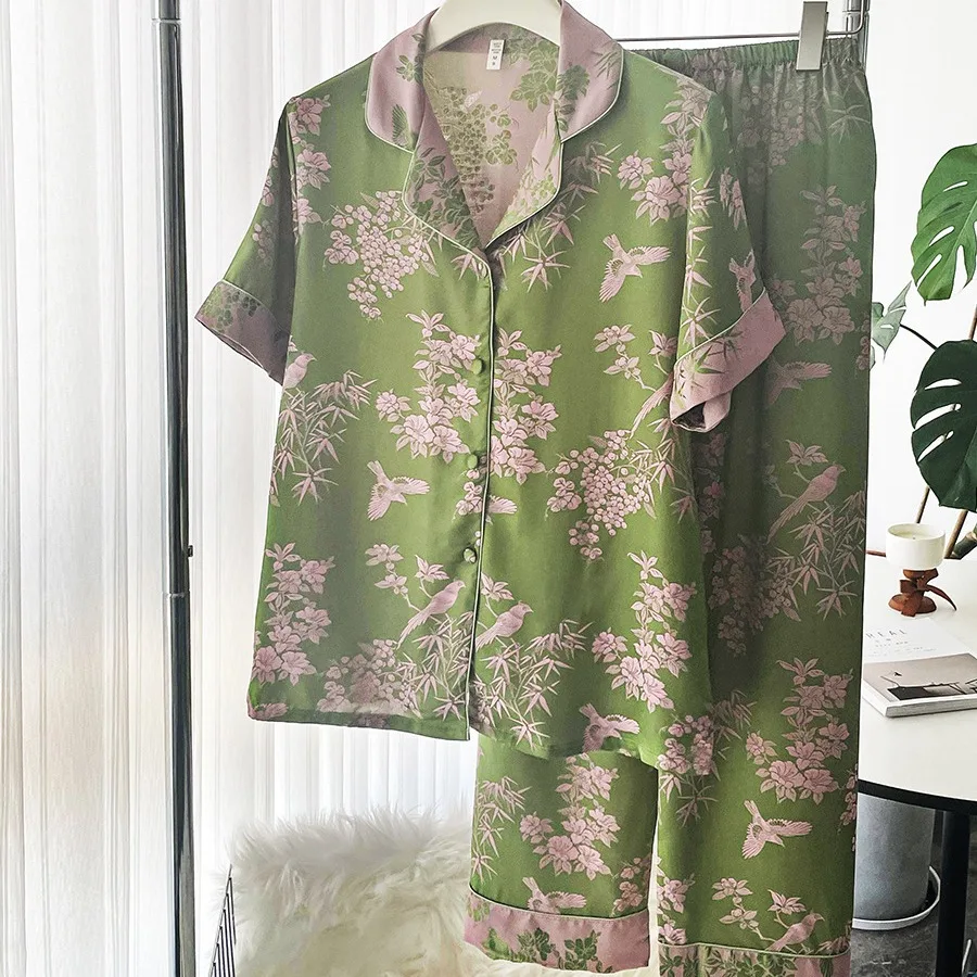 Chinese Style Female Pajamas Set Women's Satin Nightwear Short Sleeve Trouser Suit Loose Loungewear Green Flower Print Homewear