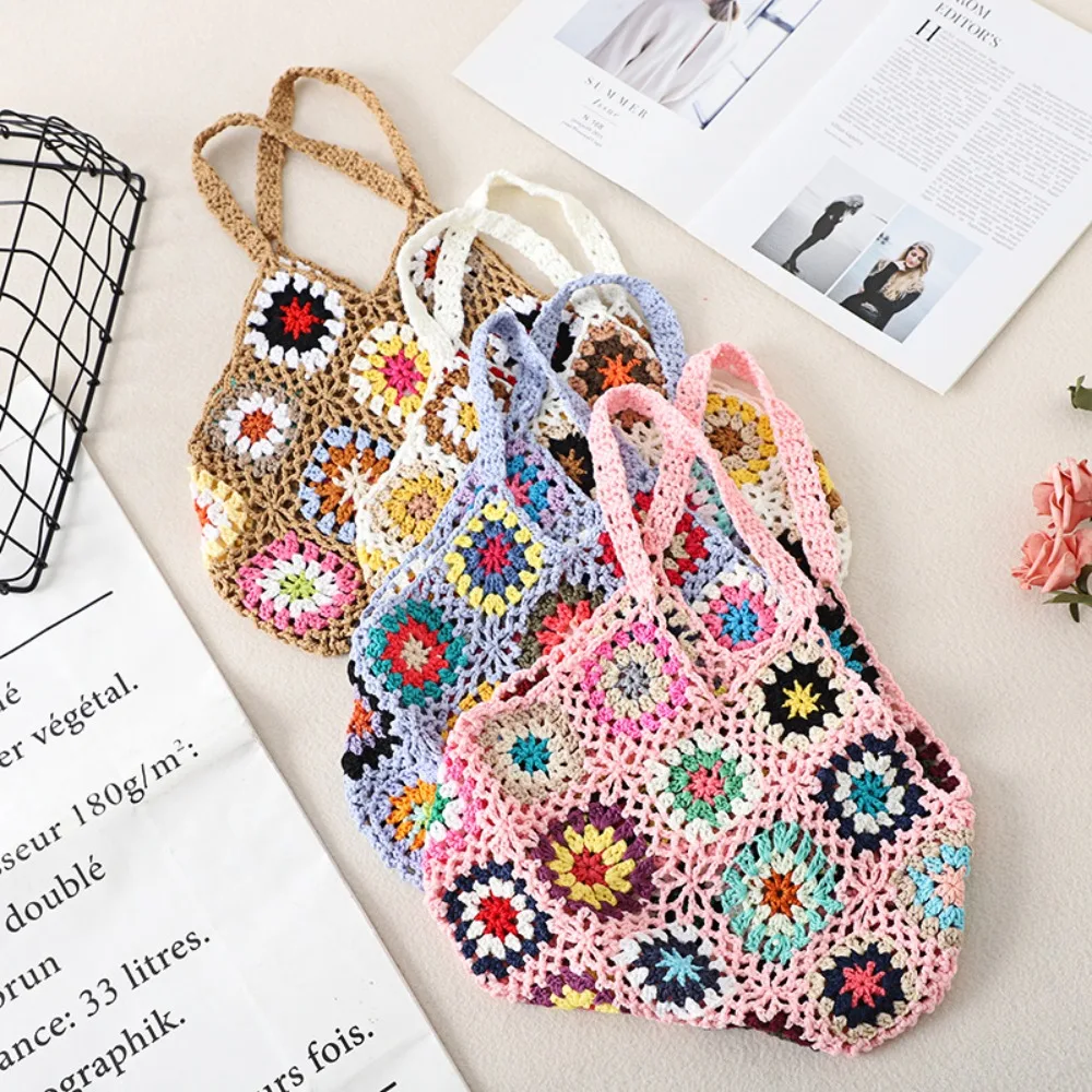 Large Capacity Fashion Cut-out Boho Tote Bag Trendy Floral Crochet Handmade Knitted Bag Vintage Multicolor Hollow Out Handbag