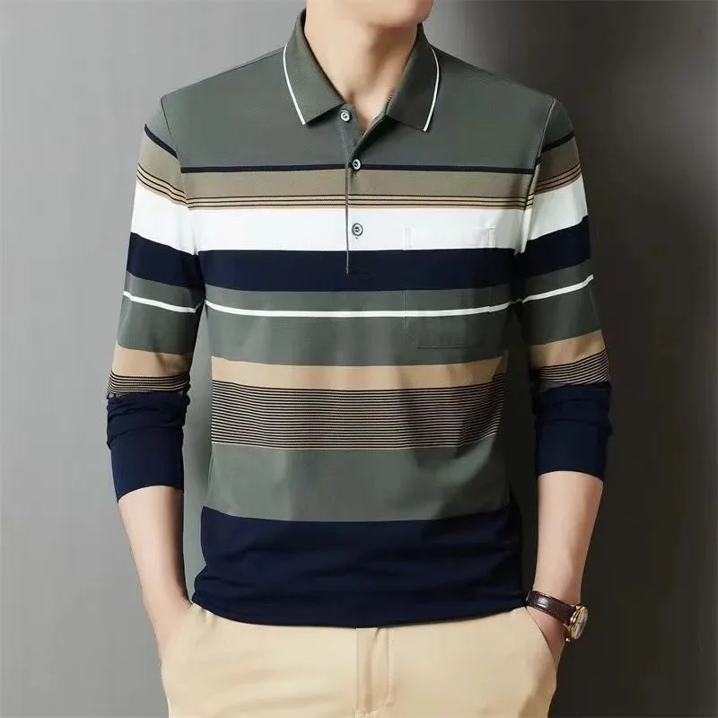 Middle-aged Men's Pocket Long Sleeve New Autumn Pure Cotton Striped Lapel Polo Loose Top Daddy Thin Style