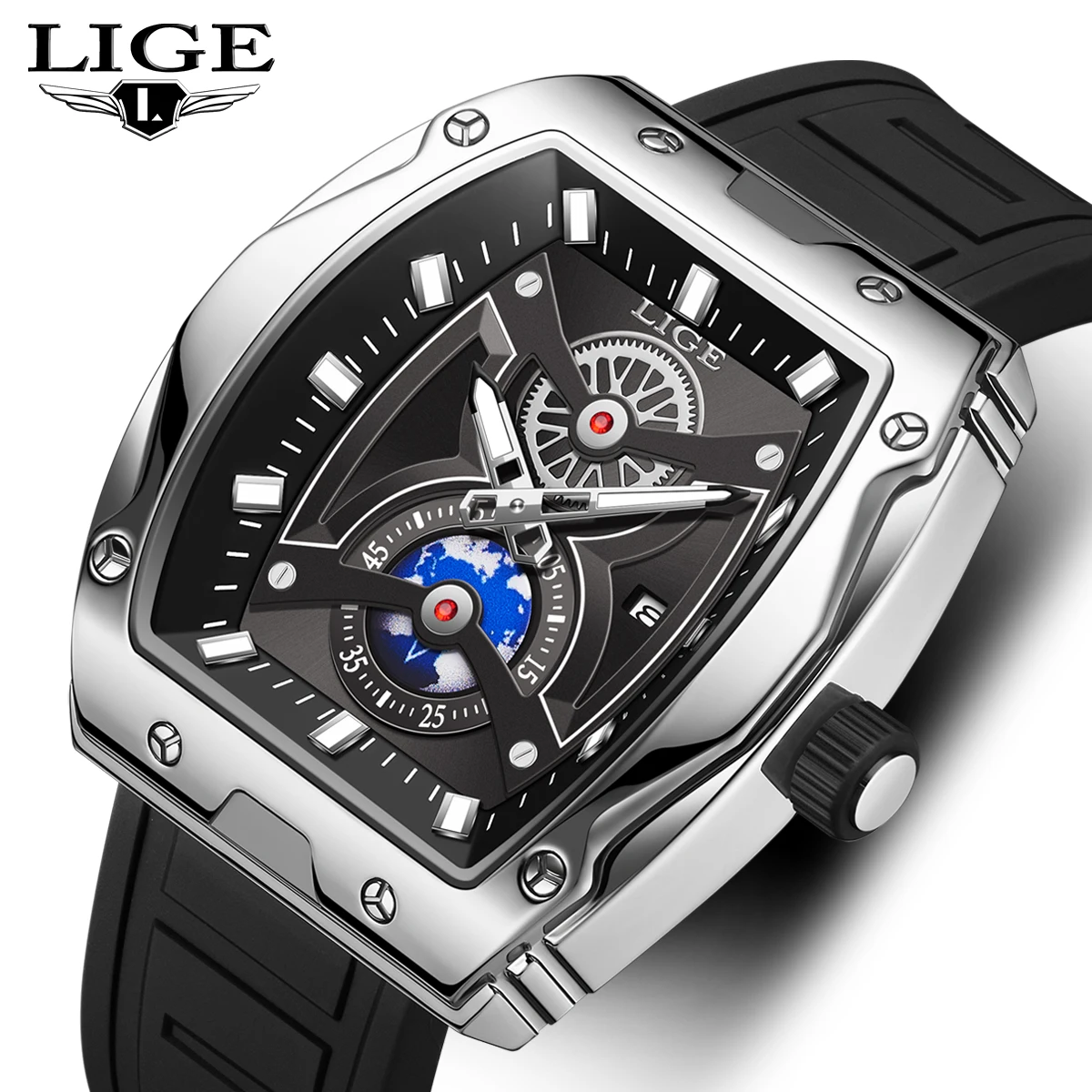 Square Man Watch LIGE Top Brand Luxury Sports Silicone Quartz Mens Wristwatch Luminous Pointer Waterproof Causal Male Clock