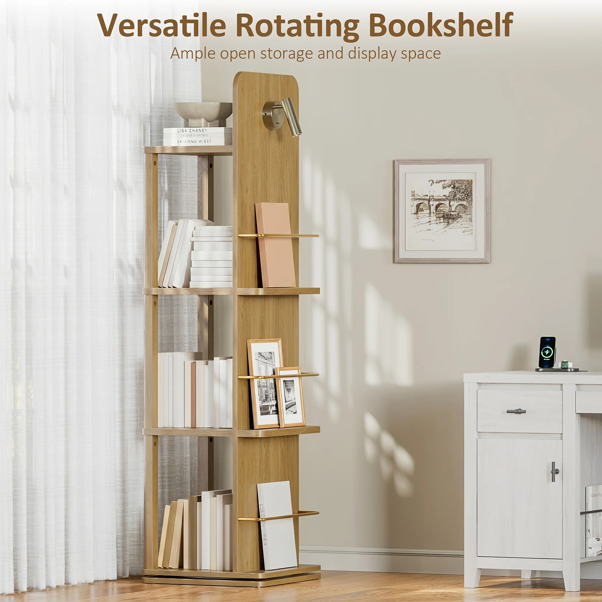 4-Tier Rotating Bookshelf Tower with 360° Spinning Shelves - Natural Oak Wood Freestanding Bookcase Suitable for Small Spaces