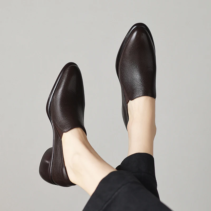 Dilalula 2026 Spring Genuine Leather Pumps For Women Pointy Toe Med Thick Heels Elastic Band Closure Retro Leather Shoes Women