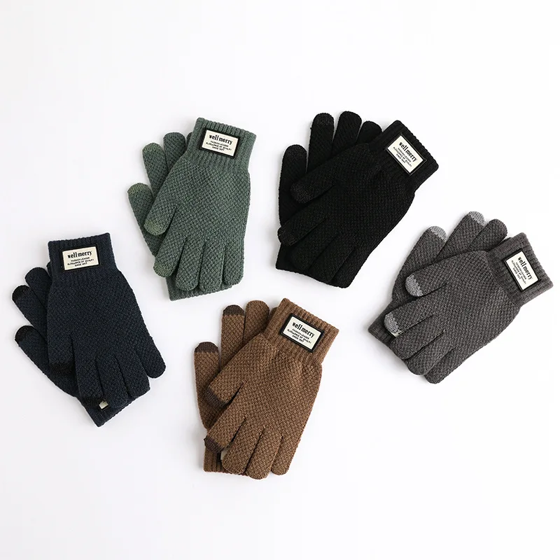 Knit Thermal Men's Gloves Plus-Size Fleece Autumn Winter Soft Thick Elastic Jacquard Wool Touch Screen Warm Gloves