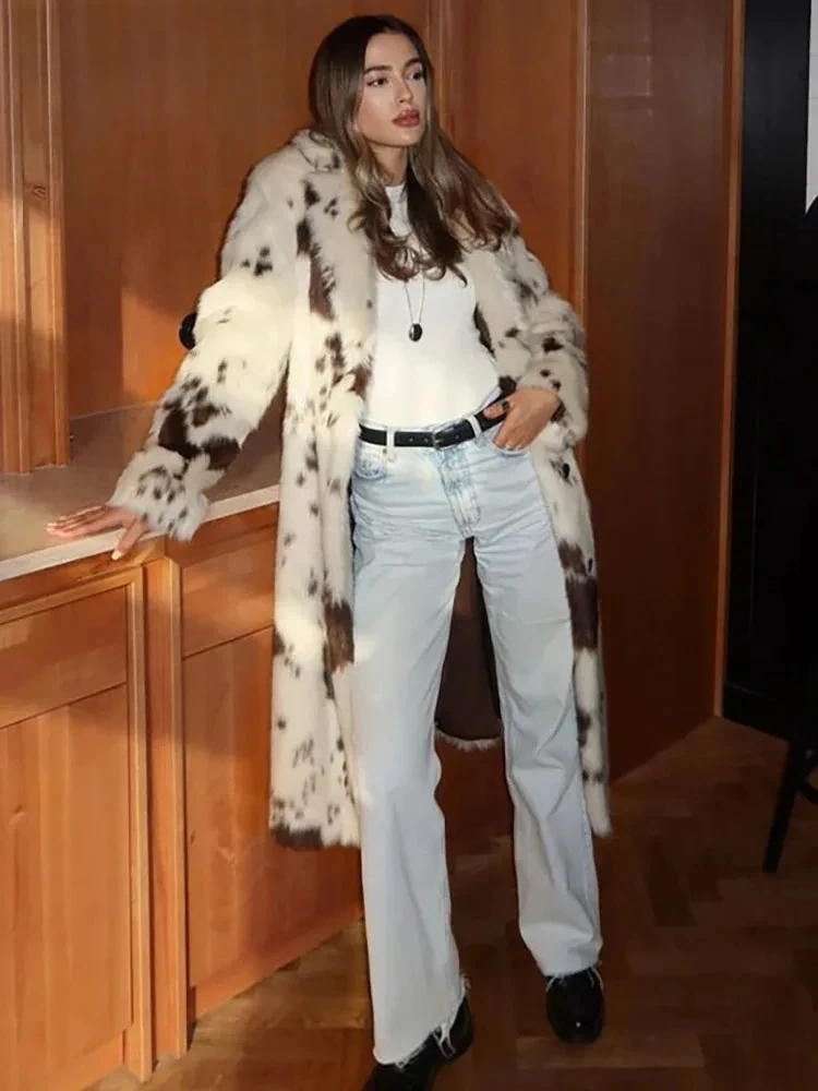 

Новое зимнее модное пальто из искусственного меха с принтом тай-дай, женское свободное плюшевое толстое пальто с лацканами и длинными рукавами