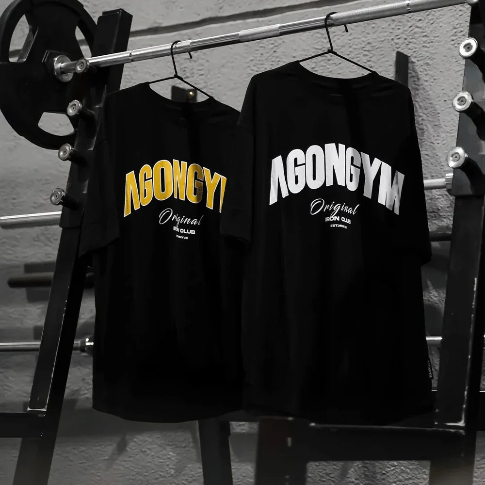 Herren Oversize-T-Shirts aus schwerer Baumwolle mit AGONGYM-Grafikdruck, Fitness-Streetwear, lockerer Rundhalsausschnitt, Kurzarm, Workout-Freizeitshirt – Detail 5