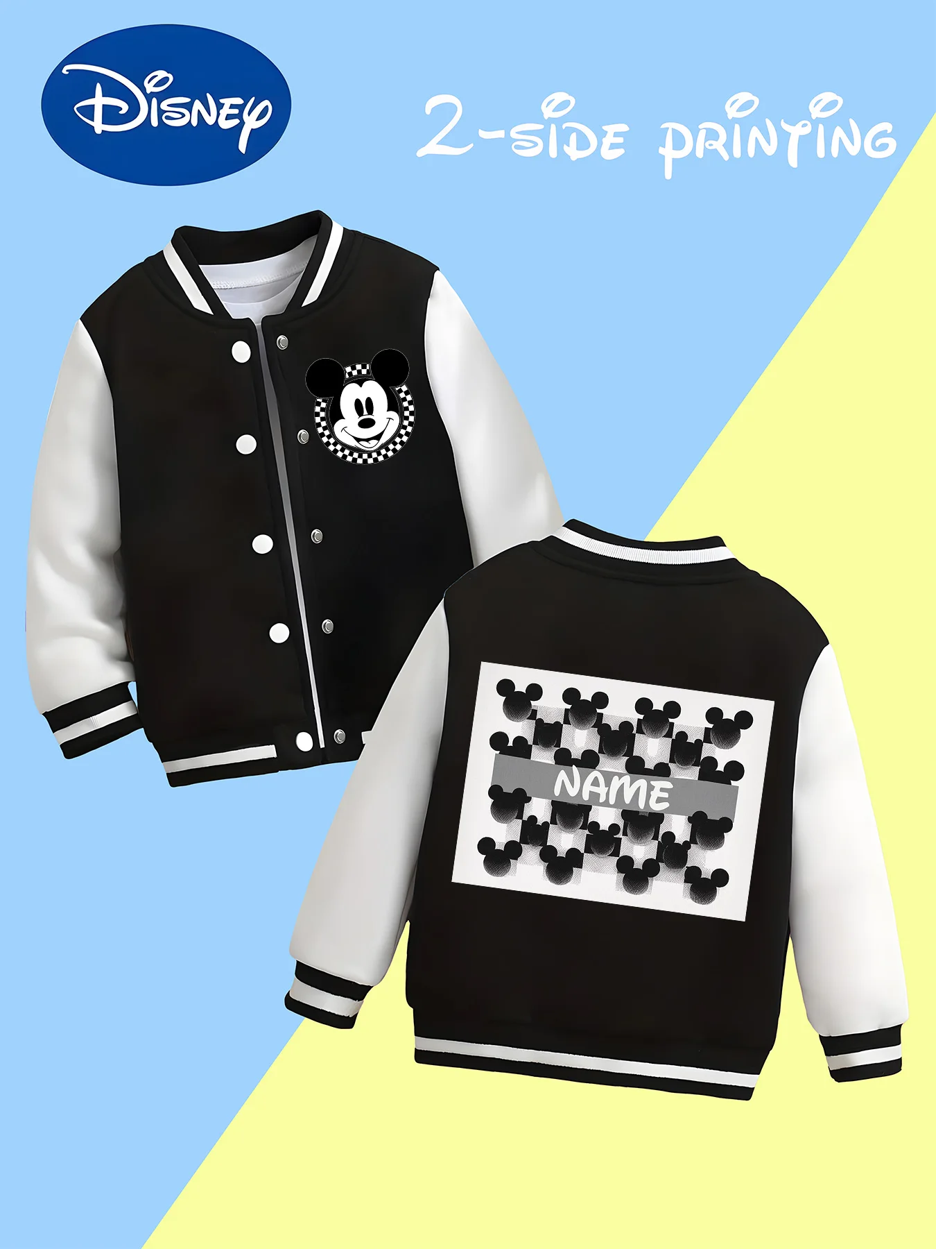 

MINISO Disney Mickey Checkerboard Cool Kids Baseball Jacket - Double-sided checkerboard and portrait print, perfect for street p