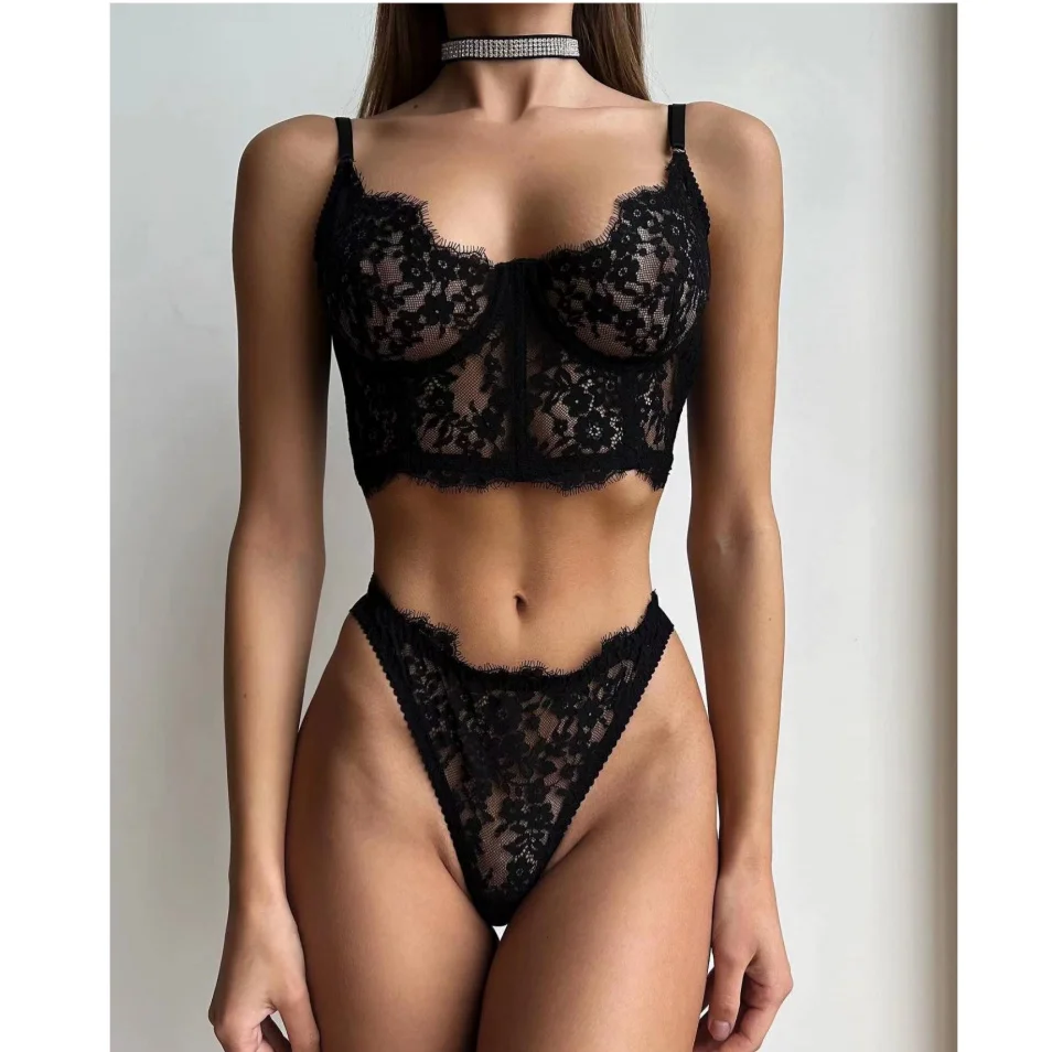 رومانسية عيد الحب رمش الدانتيل Bralette ثونغ مجموعات يتوهم شفافة الأزهار الكورسيهات الدعاوى مثير المثيرة الملابس الداخلية 2 قطعة وتتسابق