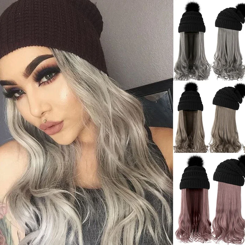 LANLAN Synthetic Long Wavy Knitted Hat Wig Natural Black Wigs Fashion Autumn Winter Cap Hair Wig Hair Extensions 2021