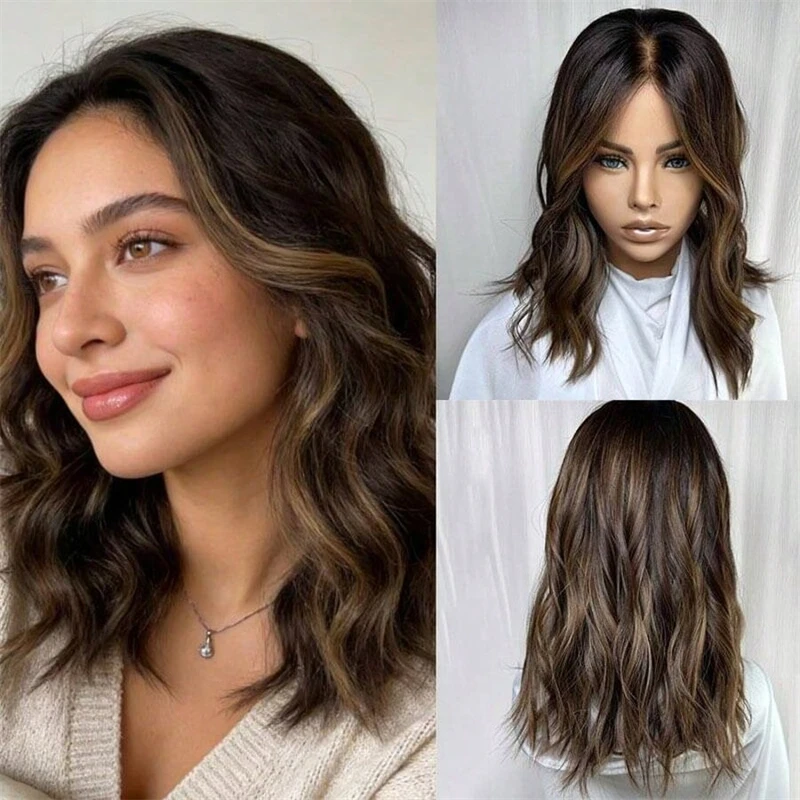 

FActory Stylist Custom Made Women Lace Wig Synthetic natural wig for woman brown with Blonde Highlights Lace Front Wigs Glueless