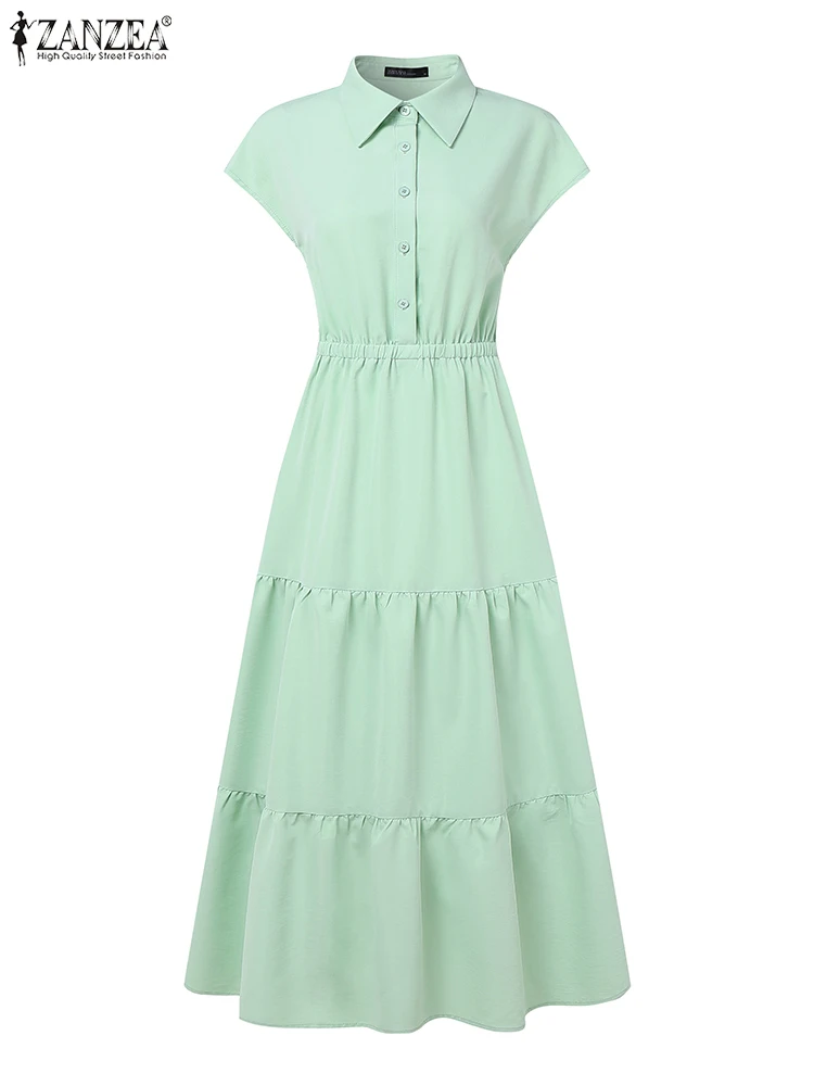Zanzea moda 2025 verão em camadas midi vestidos sólidos feminino elegante turn-down colarinho camisa manga boné a linha robes femme
