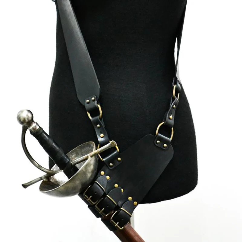 القرون الوسطى حزام الكتف حامل السيف غمد غمد فارس القراصنة زي قابل للتعديل بولي حزام حزام جلد الحافظة سيف ذو حدين شماعات LARP