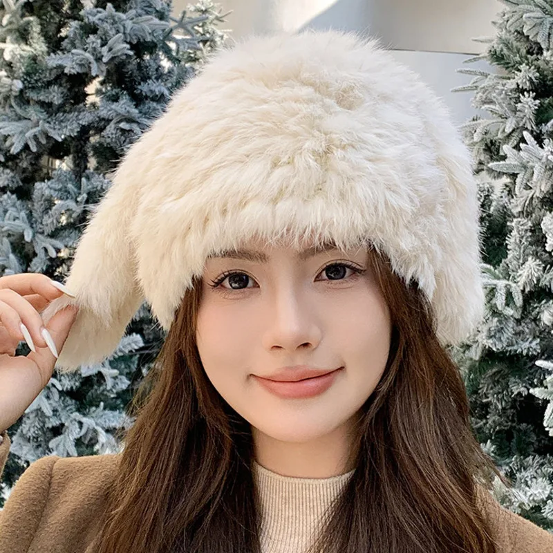 Real Rabbit Fur Hat For Women Winter Thickened Warm Outdoor Ski Snow Hat Cold‑Weather Windproof Ladies Casual Knitted Cap